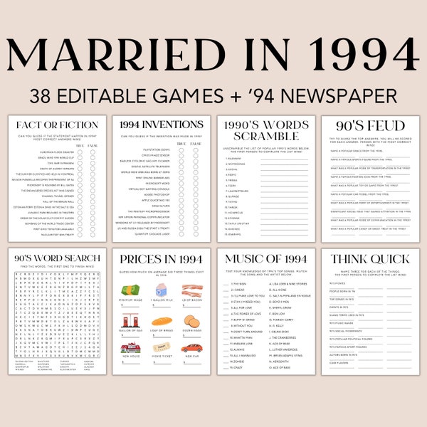 30th Anniversary Games Bundle, Married in 1994 Games, 30th Wedding Anniversary Activities, Trivia Quiz, 94's Newspaper, Editable Canva