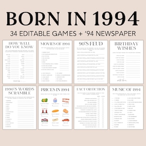30th Birthday Games Bundle, 1994 Birthday Games, 30th Birthday Party Activities, Men Women, Trivia Quiz, 94's Newspaper, Editable Canva