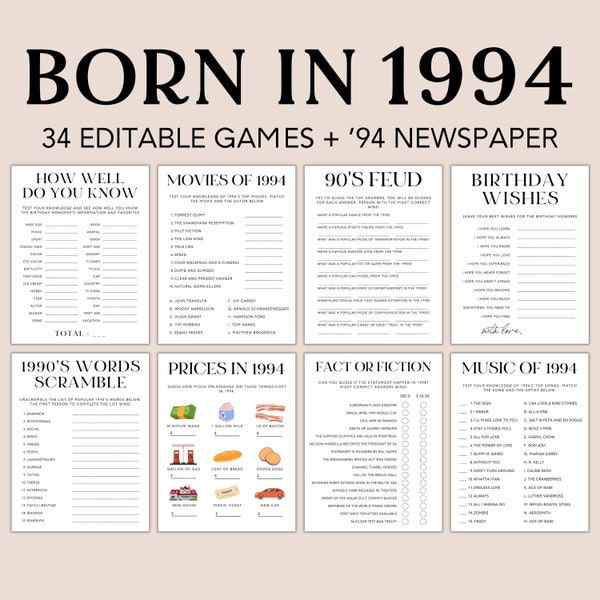 30th Birthday Games Bundle, 1994 Birthday Games, 30th Birthday Party Activities, Men Women, Trivia Quiz, 94's Newspaper, Editable Canva