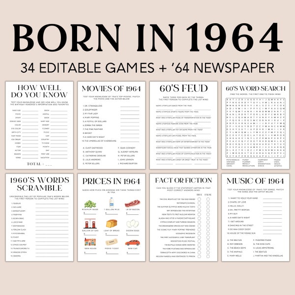 60th Birthday Games Bundle, 1964 Birthday Games, 60th Birthday Party Activities, Men Women, Trivia Quiz, 64's Newspaper, Editable Canva