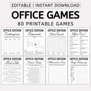 May include: A collection of printable office games, including Scattergories, Crosswords, Word Search, Trivia, Mad Libs, Fact or Fiction, Abbreviation Trivia, and Emoji Pictionary. The title "OFFICE GAMES" is displayed in large, bold letters.