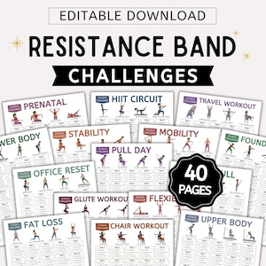 以下が含まれることがあります： 「Editable Download Resistance Band Challenges」と題された40ページのデジタルコレクション。HIIT Circuit、Prenatal、Travel Workout、Stability、Mobility、Pull Day、Office Reset、Glute Workout、Flexibility、Fat Loss、Chair Workout、Upper Bodyなどの様々なエクササイズルーチンが記載されており、各シートにはイラスト付きの動作と毎日のチェックリストが含まれています。