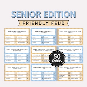 Op de afbeelding: Een bordspel genaamd "Senior Edition Friendly Feud" met 50 kaarten. Het spel bevat verschillende categorieën en antwoorden, zoals "Noem iets waar senioren over opscheppen" en "Noem iets dat mensen verzamelen."