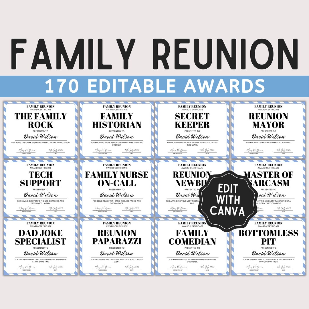 Family Reunion Awards: 170 Editable Printable Certificates (CANVA ...