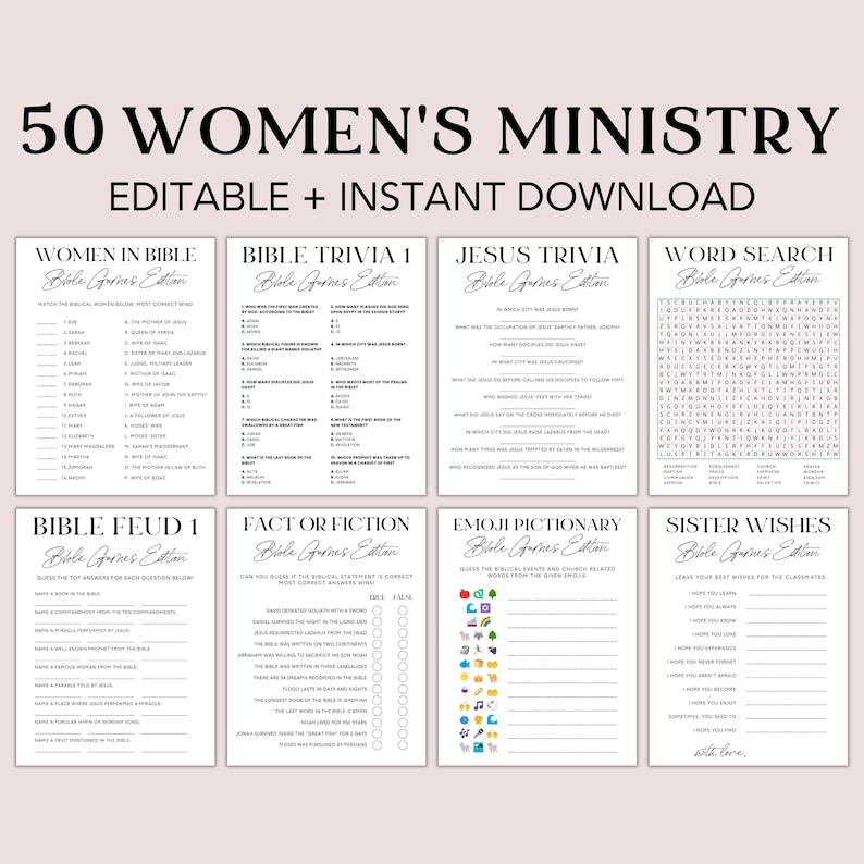 May include: A collection of printable game sheets for a women's ministry, featuring various Bible-themed games. The sheets include trivia, word searches, and fill-in-the-blank activities, all with a soft, neutral color scheme and decorative fonts.