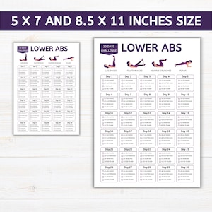 May include: Two white 30-day lower abs challenge workout charts. One chart is 5 x 7 inches, the other is 8.5 x 11 inches. Each chart features exercise diagrams and a daily checklist for leg raises, flutter kicks, reverse crunches, and plank.