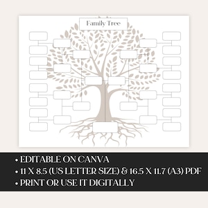 May include: A printable family tree template with a stylized tree design in shades of gray. The template has blank boxes for names and dates. The text "Family Tree" is at the top of the page. The text "EDITABLE ON CANVA", "11 X 8.5 (US LETTER SIZE) & 16.5 X 11.7 (A3) PDF", and "PRINT OR USE IT DIGITALLY" is at the bottom of the page.