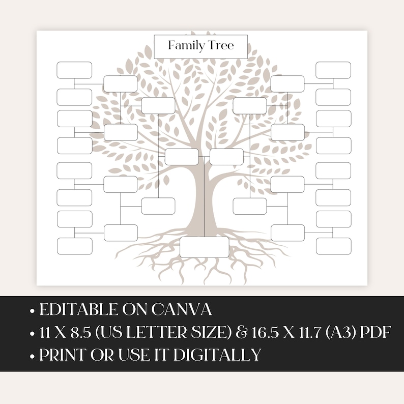 May include: A printable family tree template with a stylized tree design in shades of gray. The template has blank boxes for names and dates. The text "Family Tree" is at the top of the page. The text "EDITABLE ON CANVA", "11 X 8.5 (US LETTER SIZE) & 16.5 X 11.7 (A3) PDF", and "PRINT OR USE IT DIGITALLY" is at the bottom of the page.