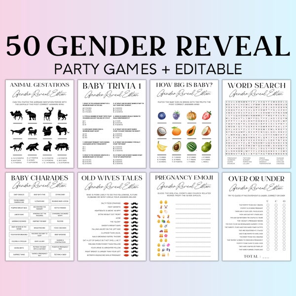 Bewerkbare Gender Reveal Games-bundel, Gender Reveal Games, Gender Reveal Party Games, Gender Reveal Ideas, Old Wives Tales, Canva Template