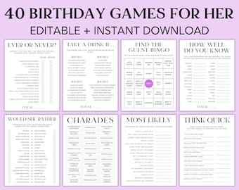 40 jogos de aniversário para ela: jogos de festa para imprimir (editáveis no Canva)