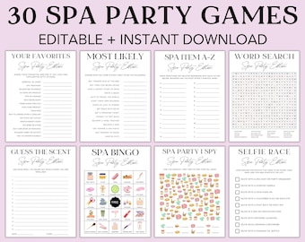 Paquete de juegos para fiestas de spa: 30 actividades imprimibles para pijamadas (editables con Canva)