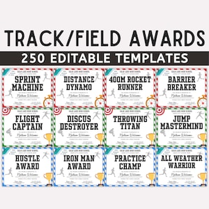 May include: A collection of editable track and field award templates. Each certificate features a unique title like "Sprint Machine" and "Iron Man Award", with space for names and dates. Includes a stopwatch and trophy graphic.