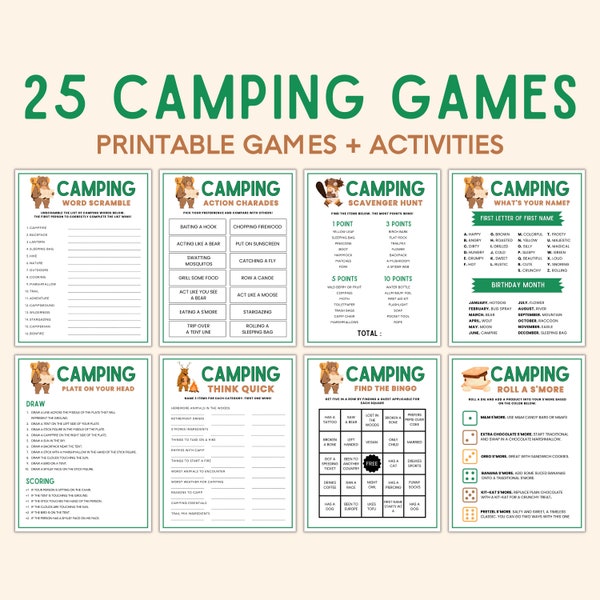 Camping Games Bundle, Camping Games Kids Adults, Campfire Games, Printable, Camping Activities, Camping Scavenger Hunt, CP1