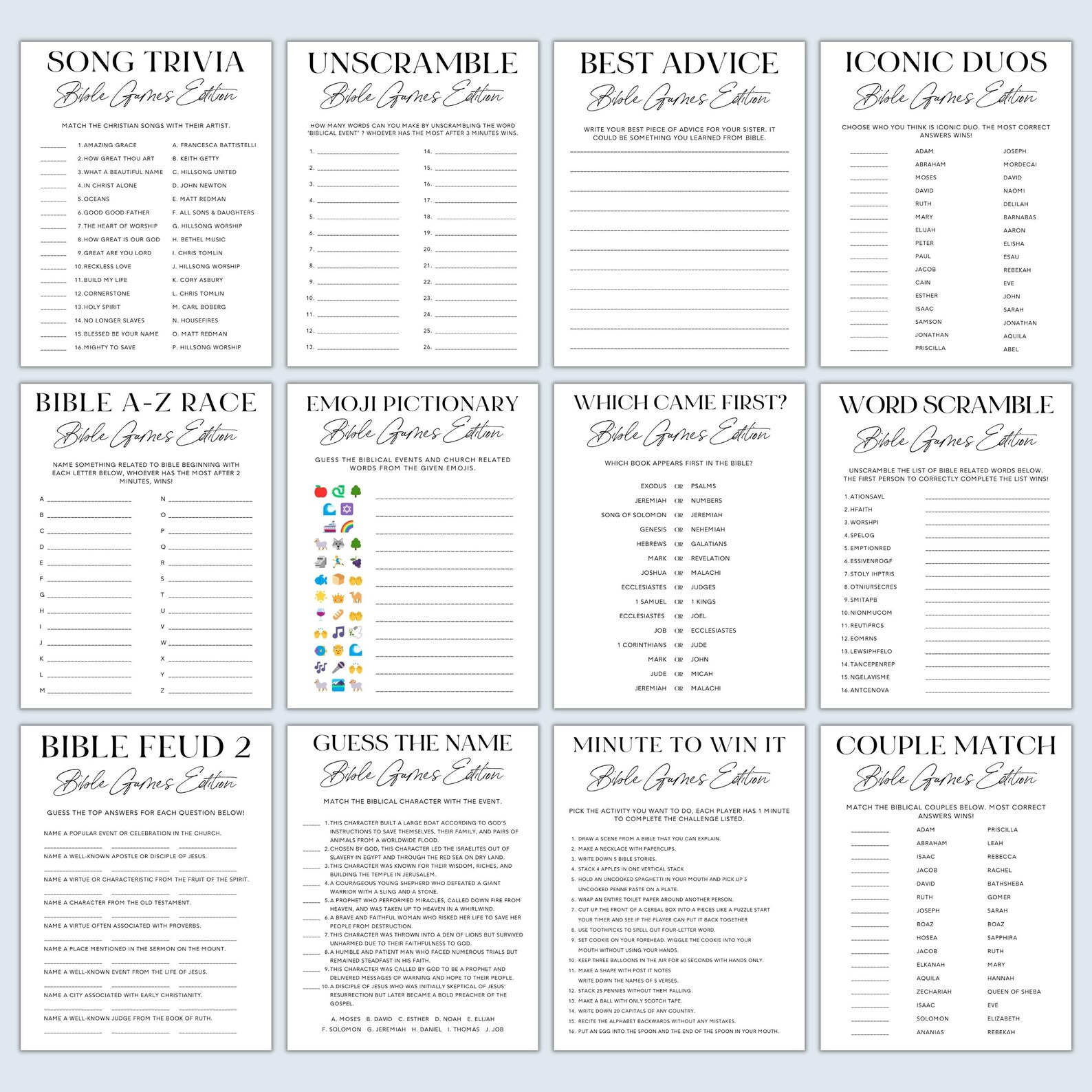 Editable Bible Games Bundle, Bible Trivia, Bible Games for Adults