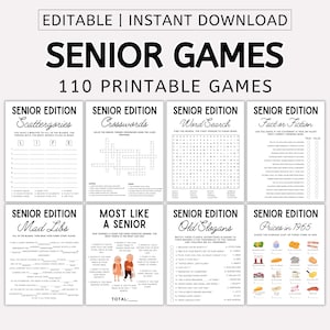 Può includere: Una raccolta di giochi stampabili per anziani, tra cui Scattergories, Cruciverba, Ricerca di parole, Vero o Falso, Mad Libs e altro ancora. I giochi sono pensati per gli anziani e presentano temi e curiosità classiche. L'immagine presenta il testo "EDITABLE | INSTANT DOWNLOAD".