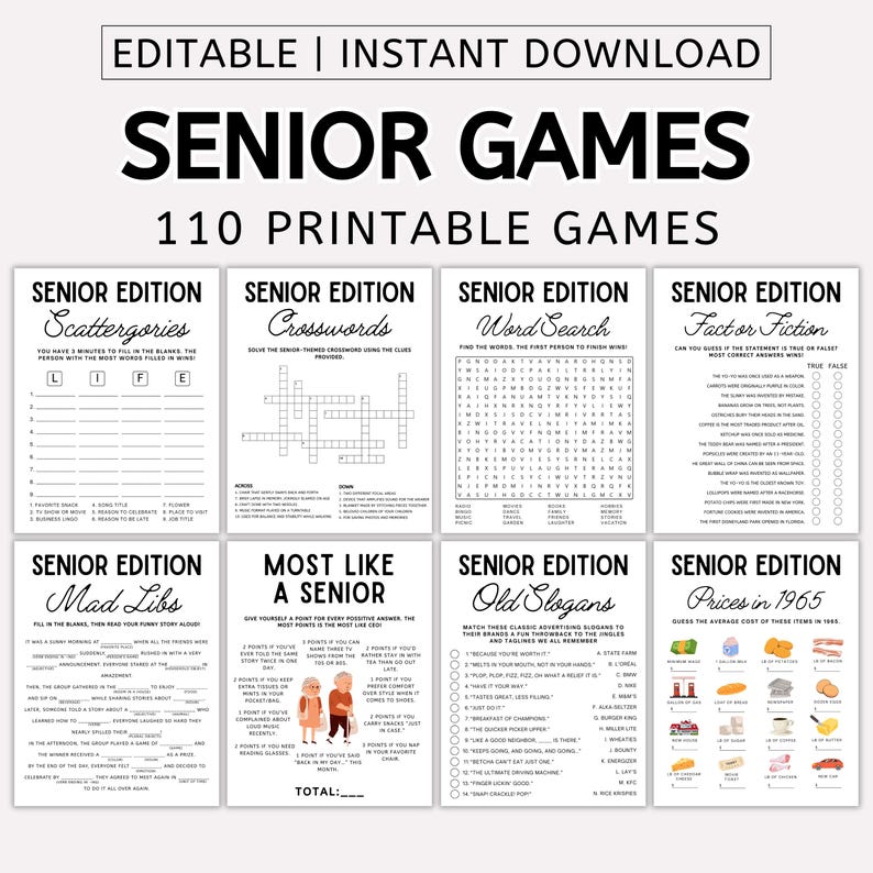 Editable Senior Games Bundle: 110 Printable Games, Senior Slogans ...