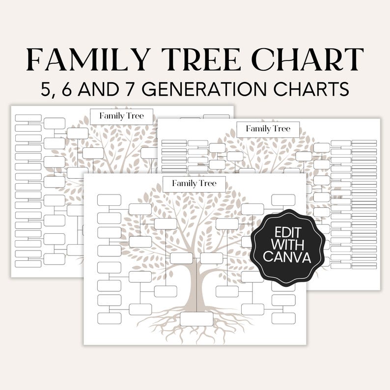 May include: Three printable family tree charts with a tree design. The charts are for 5, 6, and 7 generations. The text "Family Tree" is at the top of each chart. The text "EDIT WITH CANVA" is on a black circle in the bottom right corner of the middle chart.
