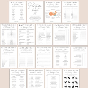 Op de afbeelding: Een set met printbare babyshower-spelkaarten met zwarte en witte tekst op een witte achtergrond. De spellen omvatten "Schattenjacht", "Net als een baby", "Zoek je partner", "Woordenschat", "Baby Trivia 1", "Noem dat liedje", "Feit of fictie", "Raad de prijs", "A-Z Baby-artikel", "Noem die babymelodie", "Wat zit er in je tas?", "Ooit of nooit", "Wat staat er op je telefoon?", "Gelukkige verjaardag over de hele wereld", "Raad de verjaardagspersoon", en "Wie is mijn mama".
