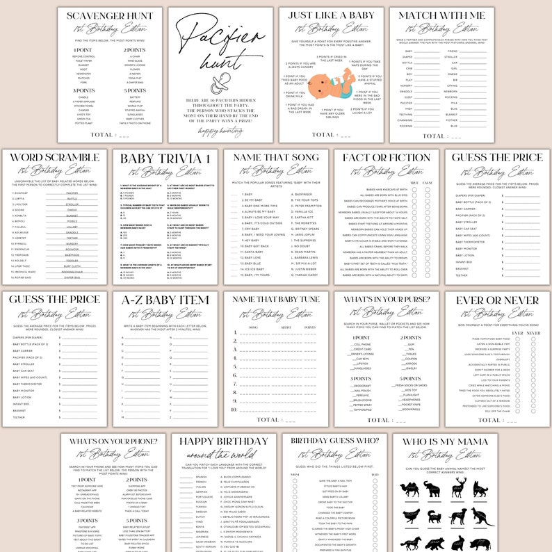 Op de afbeelding: Een set met printbare babyshower-spelkaarten met zwarte en witte tekst op een witte achtergrond. De spellen omvatten "Schattenjacht", "Net als een baby", "Zoek je partner", "Woordenschat", "Baby Trivia 1", "Noem dat liedje", "Feit of fictie", "Raad de prijs", "A-Z Baby-artikel", "Noem die babymelodie", "Wat zit er in je tas?", "Ooit of nooit", "Wat staat er op je telefoon?", "Gelukkige verjaardag over de hele wereld", "Raad de verjaardagspersoon", en "Wie is mijn mama".
