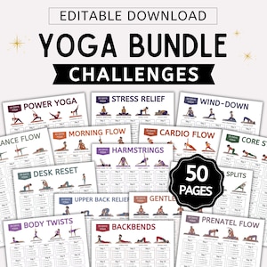 Könnte beinhalten: Ein digitales Yoga-Challenge-Paket mit 50 Seiten druckbarer Übungsanleitungen. Jede Seite enthält illustrierte Yoga-Posen, tägliche Checkboxen zur Nachverfolgung sowie Titel wie Power Yoga, Stress Relief, Wind-Down und Morning Flow.