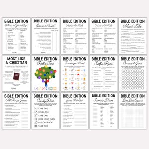 May include: A collection of printable game sheets with the title "Bible Edition" in bold black font. The games include trivia, Mad Libs, and other activities. The sheets are white with black text and graphics.