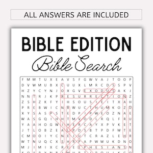 May include: A white Bible Edition Bible Search puzzle book. The title is in large black letters with a cursive subtitle. The puzzle grid contains a variety of letters. The text "ALL ANSWERS ARE INCLUDED" is at the top.