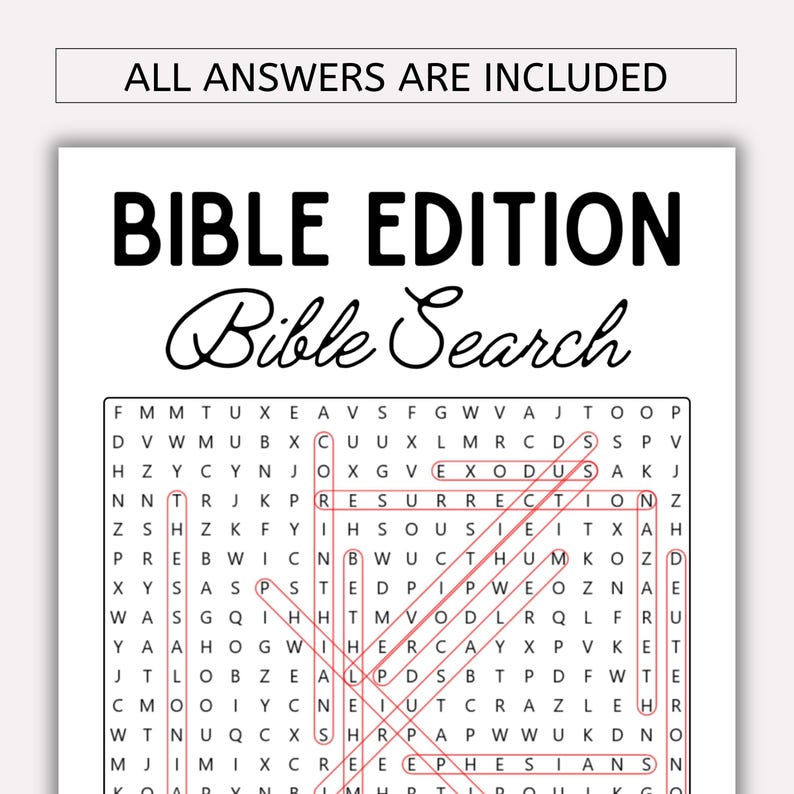 May include: A white Bible Edition Bible Search puzzle book. The title is in large black letters with a cursive subtitle. The puzzle grid contains a variety of letters. The text "ALL ANSWERS ARE INCLUDED" is at the top.