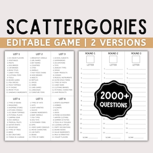 Puede incluir: Un juego de mesa "SCATTERGORIES" con "EDITABLE GAME | 2 VERSIONS". El juego presenta listas de categorías y espacios para respuestas, junto con un gráfico "2000+ QUESTIONS".