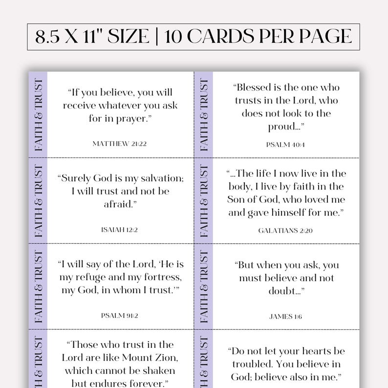 May include: A sheet of cards with Bible verses printed on them. The cards are arranged in a grid, with each card featuring a quote and its corresponding biblical reference. The text "FAITH & TRUST" is printed vertically on the left side of the cards. The sheet is 8.5 x 11 inches.