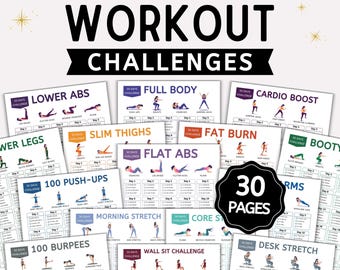 May include: A collection of printable workout challenges, including full body, cardio, and core exercises. The image features 30 pages of fitness routines with illustrations and text, designed for home workouts.