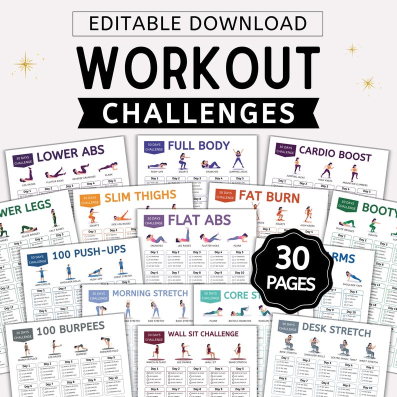 May include: A collection of printable workout challenges, including full body, cardio, and core exercises. The image features 30 pages of fitness routines with illustrations and text, designed for home workouts.