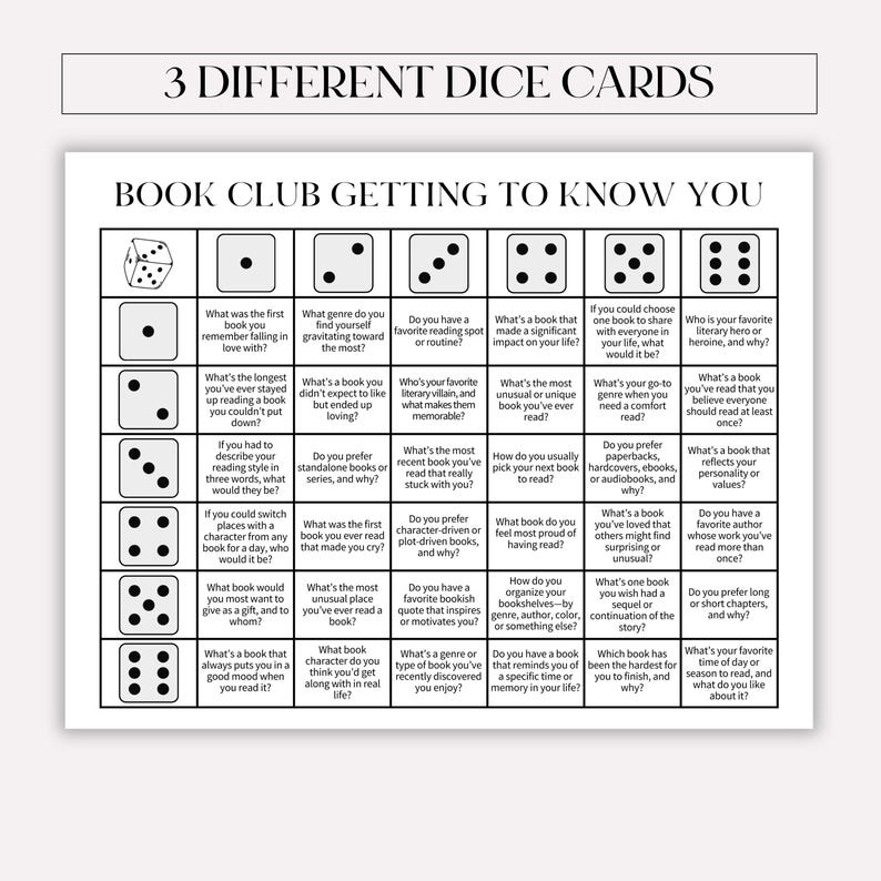 K&ouml;nnte beinhalten: Schwarz-wei&szlig;e druckbare W&uuml;rfelspielkarten mit dem Text "Book Club Getting to Know You". Die Karten enthalten Fragen zu B&uuml;chern und Lesevorlieben.