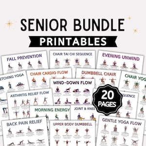 Op de afbeelding: Een verzameling van 20 printbare oefenbladen getiteld Senior Bundle Printables. Elk blad bevat geïllustreerde instructies voor diverse bewegingen, waaronder valpreventie, stoel-tai-chi en yoga, voorzien van tekstlabels voor elke oefening.