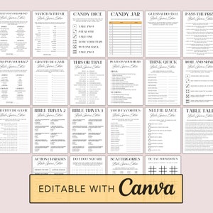 May include: A collection of printable game sheets with various themes, including trivia, charades, and dice games. The sheets are in black and white with a minimalist design. The text "Bible Games Edition" is present on each sheet. The bottom of the image says "EDITABLE WITH Canva".