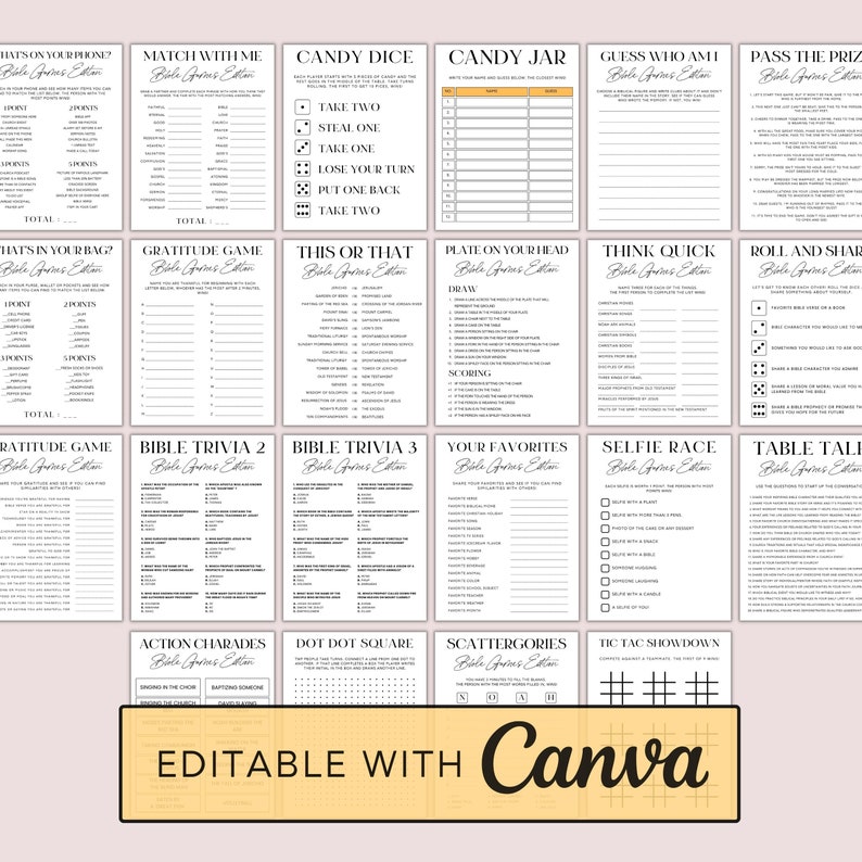 May include: A collection of printable game sheets with various themes, including trivia, charades, and dice games. The sheets are in black and white with a minimalist design. The text "Bible Games Edition" is present on each sheet. The bottom of the image says "EDITABLE WITH Canva".