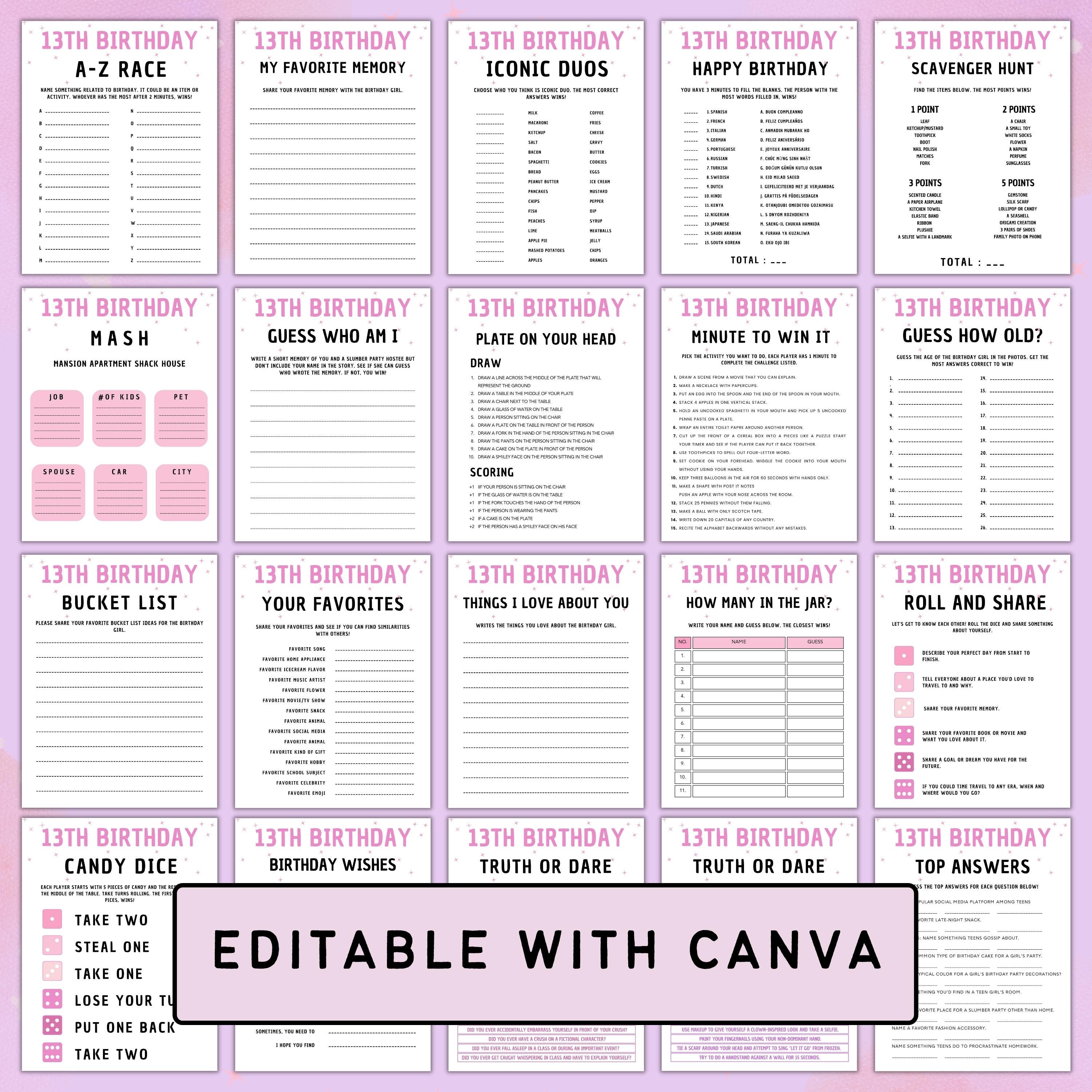 Editable 13th Birthday Games 13th Birthday Bundle Teen Girl Party editable-13th-birthday-games-13th-birthday-bundle-teen-girl-party
