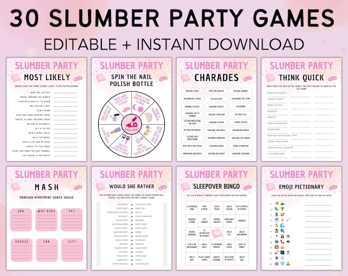 Printable Slumber Party Games Sleepover Activity Bundle Editable ...