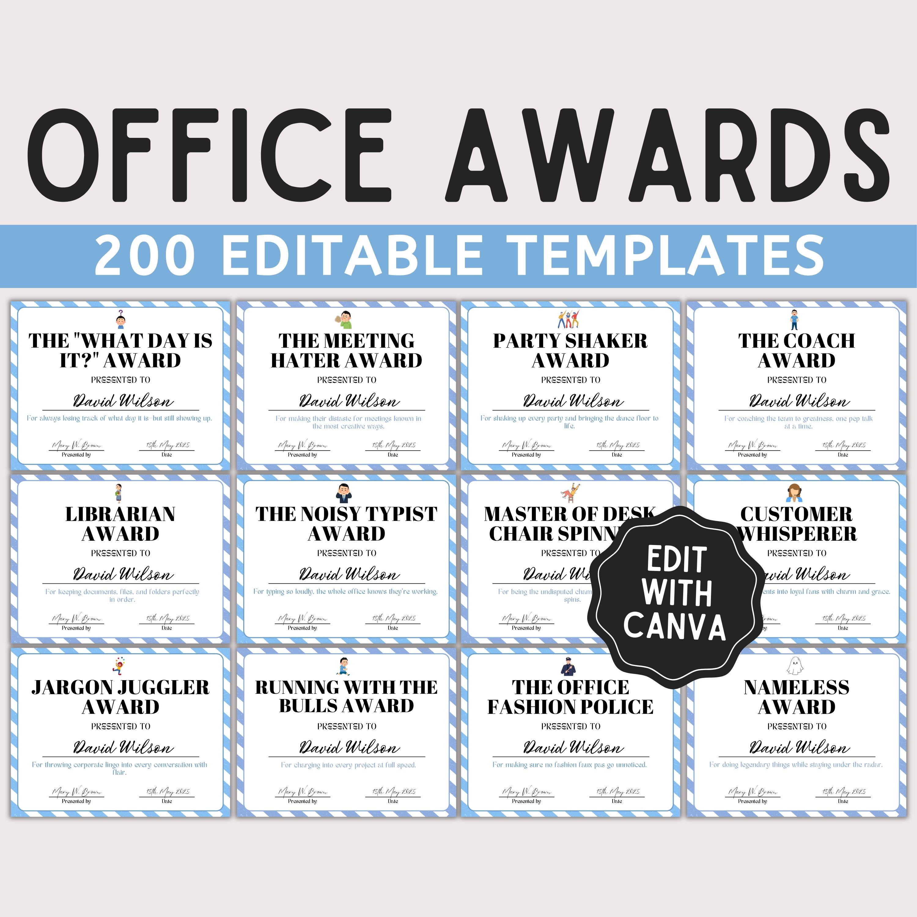 Certificados de premios de oficina editables: Premios divertidos para empleados (plantilla de Canva)