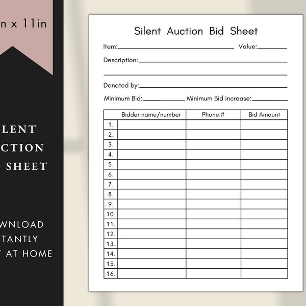 Silent Auction Bid Sheet, Silent Auction Sign up sheet Template, Fundraiser sheet, Printable Silent auction bidding sheet