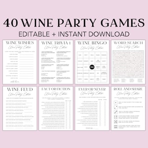 Bewerkbare wijnfeestspellen, wijnbingo, wijnthemagames, wijnspelbundel, wijnproeverij, canvassjabloon