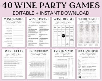 Wine Party Games Bundle: 40 Printable Games, Canva Template