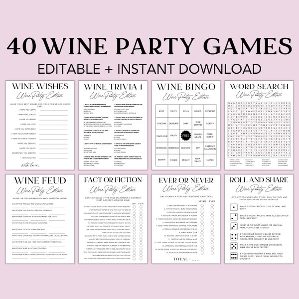 Editable Wine Party Games, Wine Bingo, Wine Theme Games, Wine Game Bundle, Wine Tasting Party, Canva Template