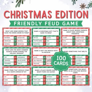 May include: A green and red Christmas-themed game with 100 cards. The cards have different questions and answers related to Christmas. The game is called "Friendly Feud Game".