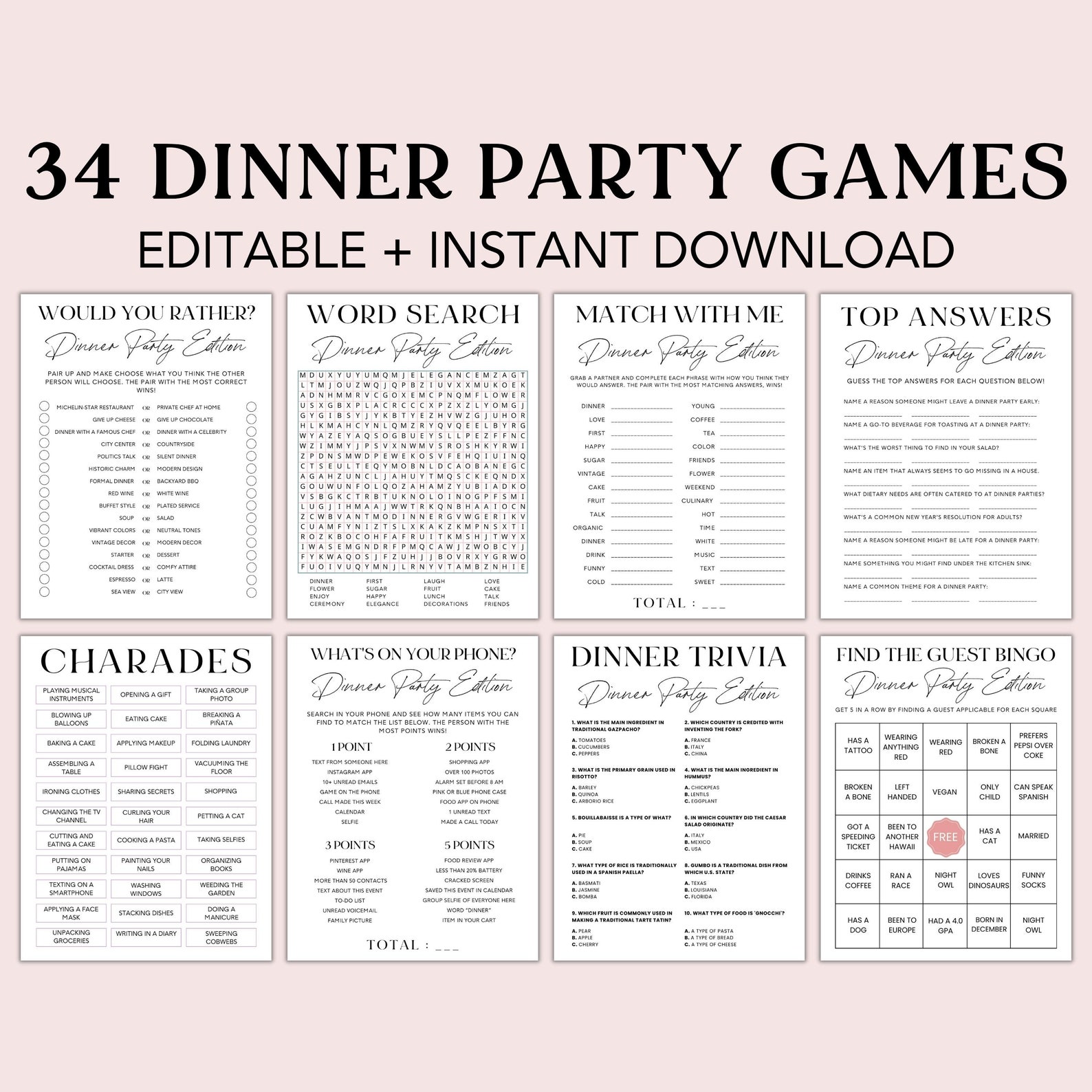 Dinner Party Games, Printable Dinner Party Games, Dinner Games, Dinner