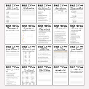 May include: A collection of printable game sheets with the title "Bible Edition" on each. Games include "Bible Scramble", "Make a Story", "Let's Talk Numbers", "Name That Tune", "Who Is Most Likely", and more. Each sheet is white with black text.