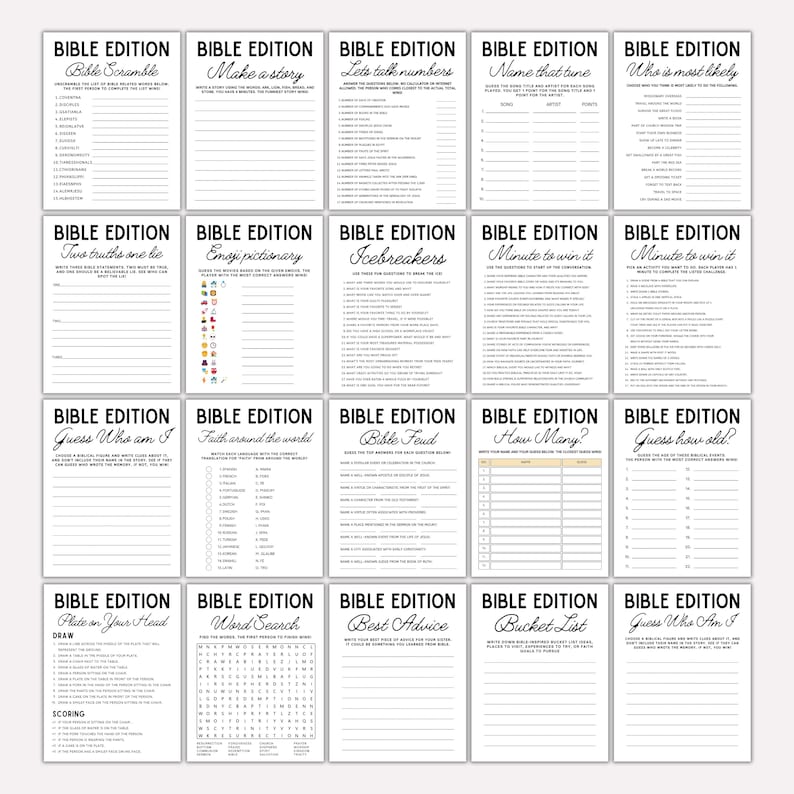 May include: A collection of printable game sheets with the title "Bible Edition" on each. Games include "Bible Scramble", "Make a Story", "Let's Talk Numbers", "Name That Tune", "Who Is Most Likely", and more. Each sheet is white with black text.