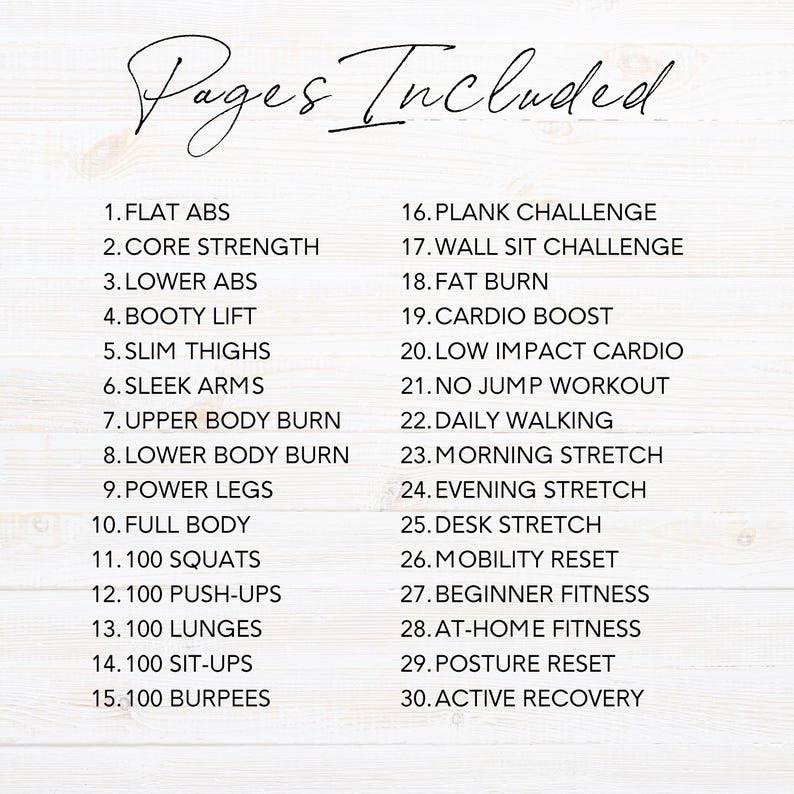 May include: A white background features the handwritten text "Pages Included" above a numbered list of fitness routines. The list includes exercises like "Flat Abs," "Booty Lift," and "100 Squats," offering a comprehensive workout plan.