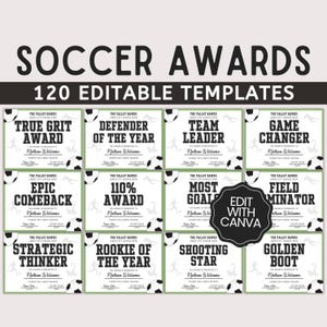 120 certificados de premios de fútbol editables, premios para equipos de fútbol, premios de fin de temporada, plantilla de Canva para premios de fútbol, ceremonia de premios de fútbol