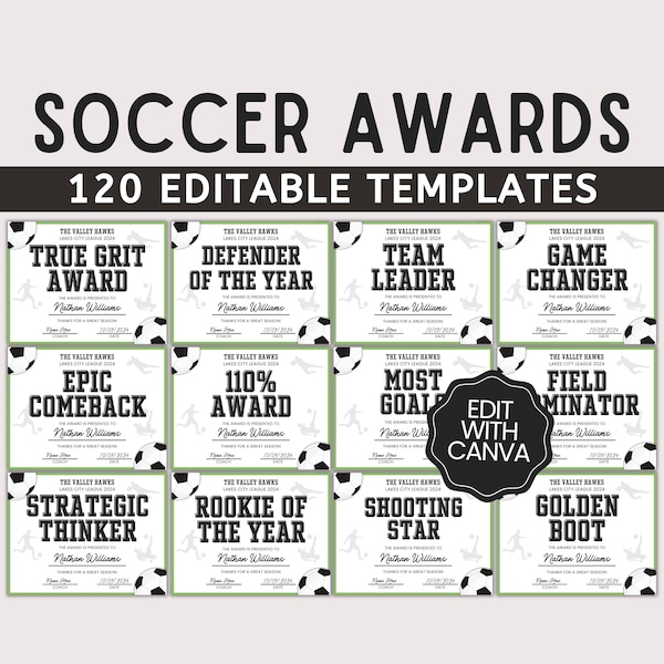 120 Editable Soccer Award Certificates, Soccer Team Awards, End of Season Awards, Soccer Award Canva Template, Soccer Award Ceremony