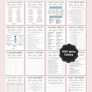 Pode incluir: Um conjunto de 10 jogos de festa imprim&iacute;veis com tema de enfermagem com texto preto e branco em um fundo branco. Os jogos incluem "What's in your purse?", "What's on your phone?", "Your Nurse Name", "Fact or Fiction", "Most Like a Nurse", "Minute to Win It", "Nursing Trivia", "Your Favourites", "Unscramble", "Make a Story", "Let's Talk Numbers", "Your Head", "Guess How Many?", "Pass the Prize", "Guess Who Am I", and "Roll and Share".